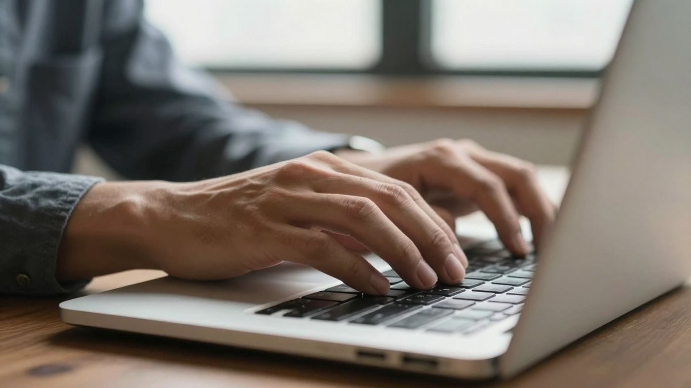 Person working on a laptop with sunlight.