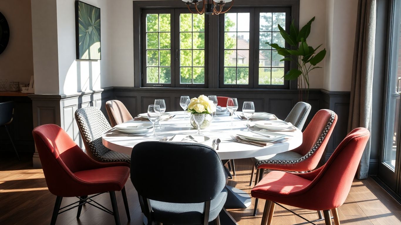 Stylish dining chairs around a sunlit table.