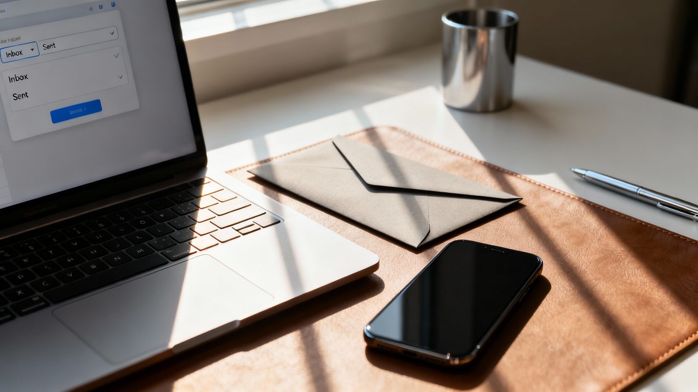 Virtual mailbox features on a desk with laptop and phone.
