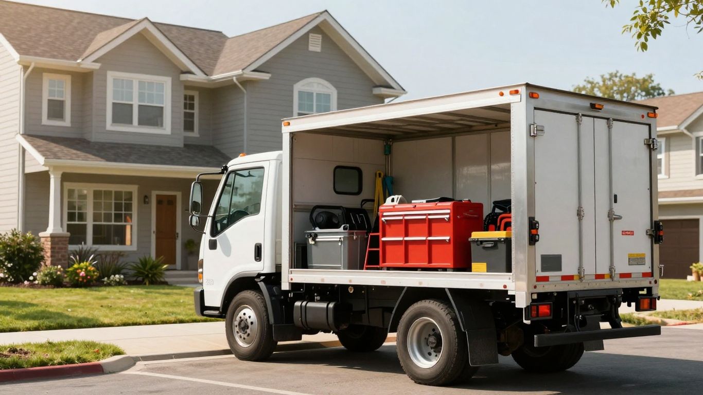 Contractor truck outside a house, ready for work.