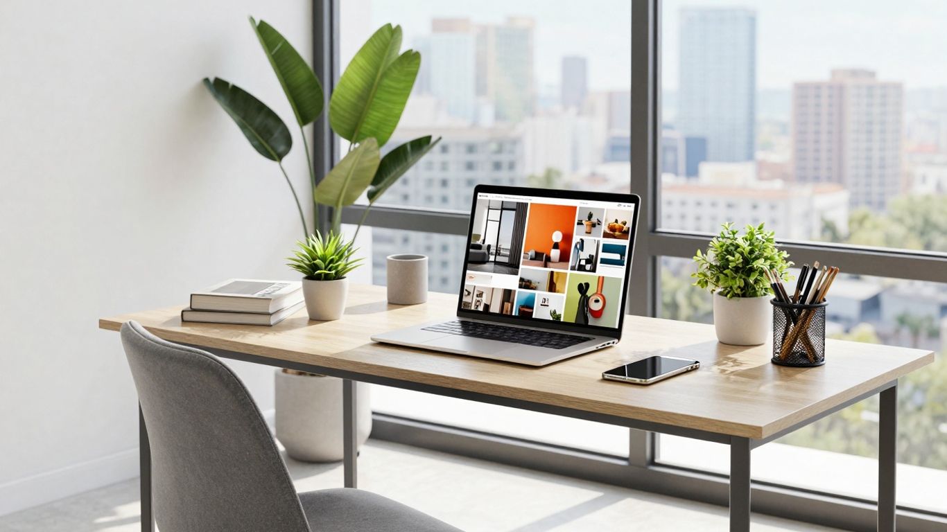 Remote interior designer's organized and modern home office.