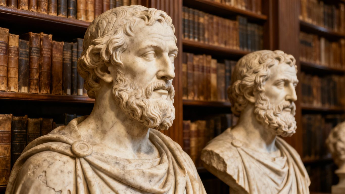 Statues of philosophers and ancient books