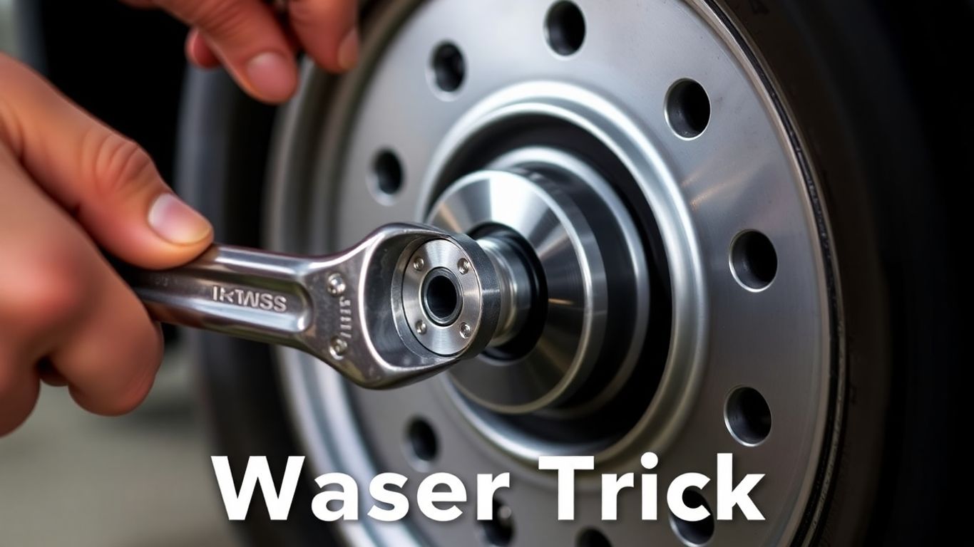 Mechanic tightens wheel stud with wrench and washer.