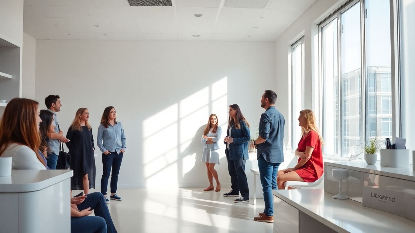 Aesthetic clinic interior with people talking.