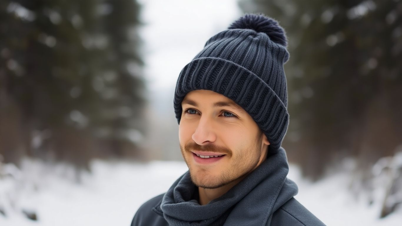 Man in stylish outdoor beanie hat in snowy forest.