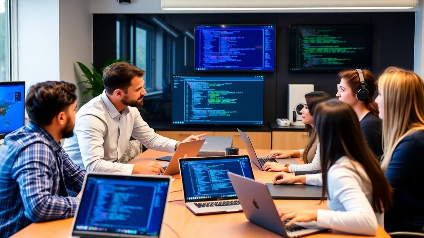 Profesionales colaborando en una oficina de tecnología.