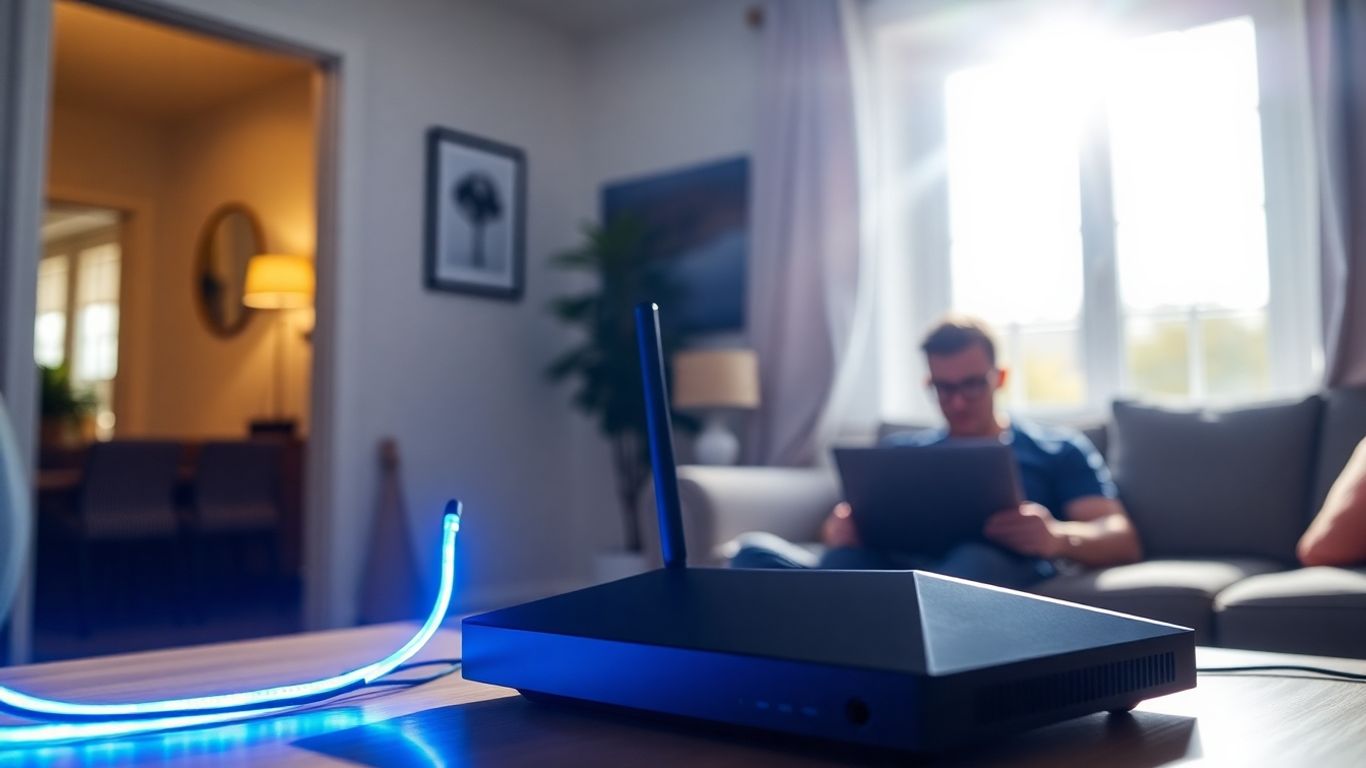 Cabo de fibra óptica azul brilhante em casa moderna.