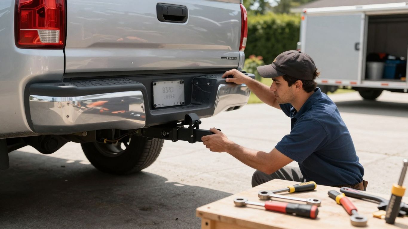 Mechanic checking trailer hitch on pickup truck.