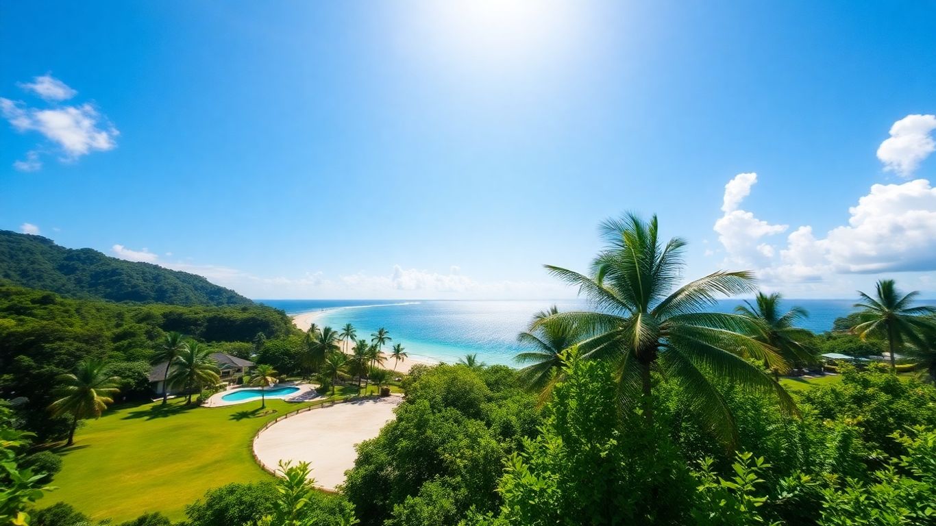 Jamaican landscape with trees and beach.