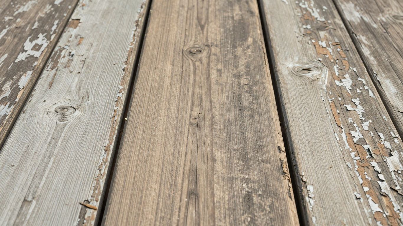 Close-up of peeling paint on old wooden floorboards.