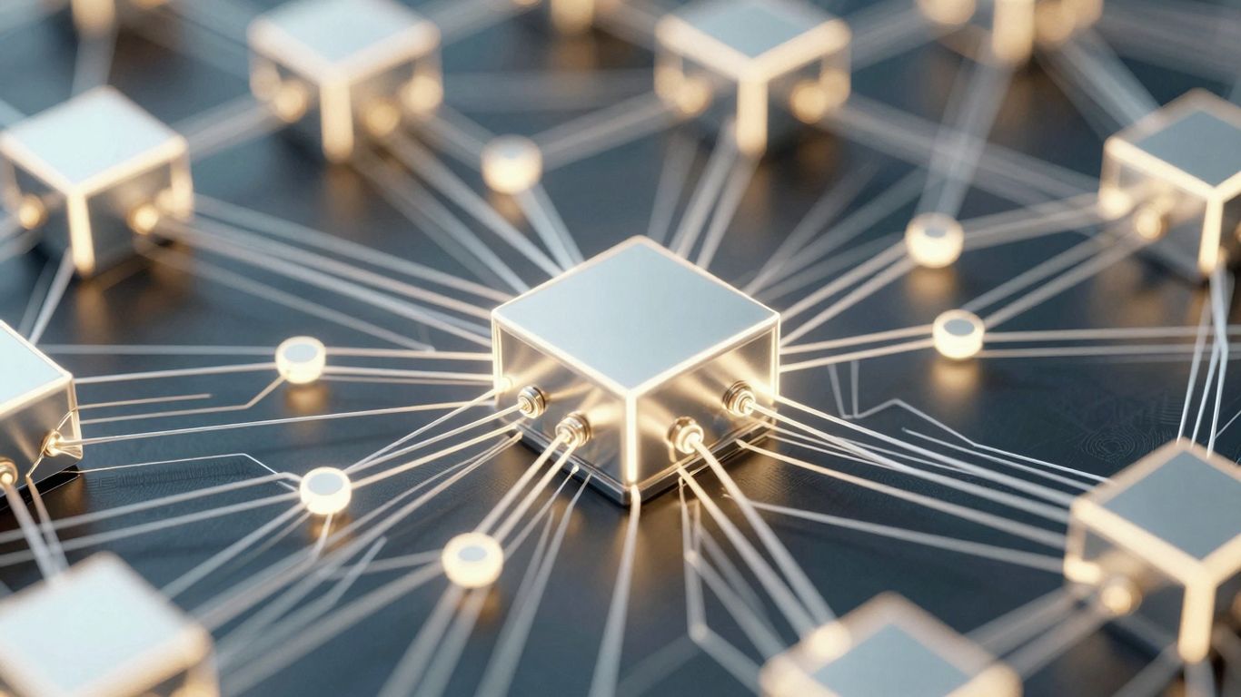 Interconnected digital blocks forming a glowing network.