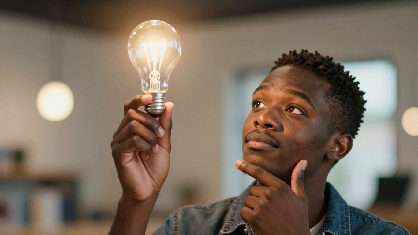Person looking at a glowing lightbulb, symbolizing inspiration.