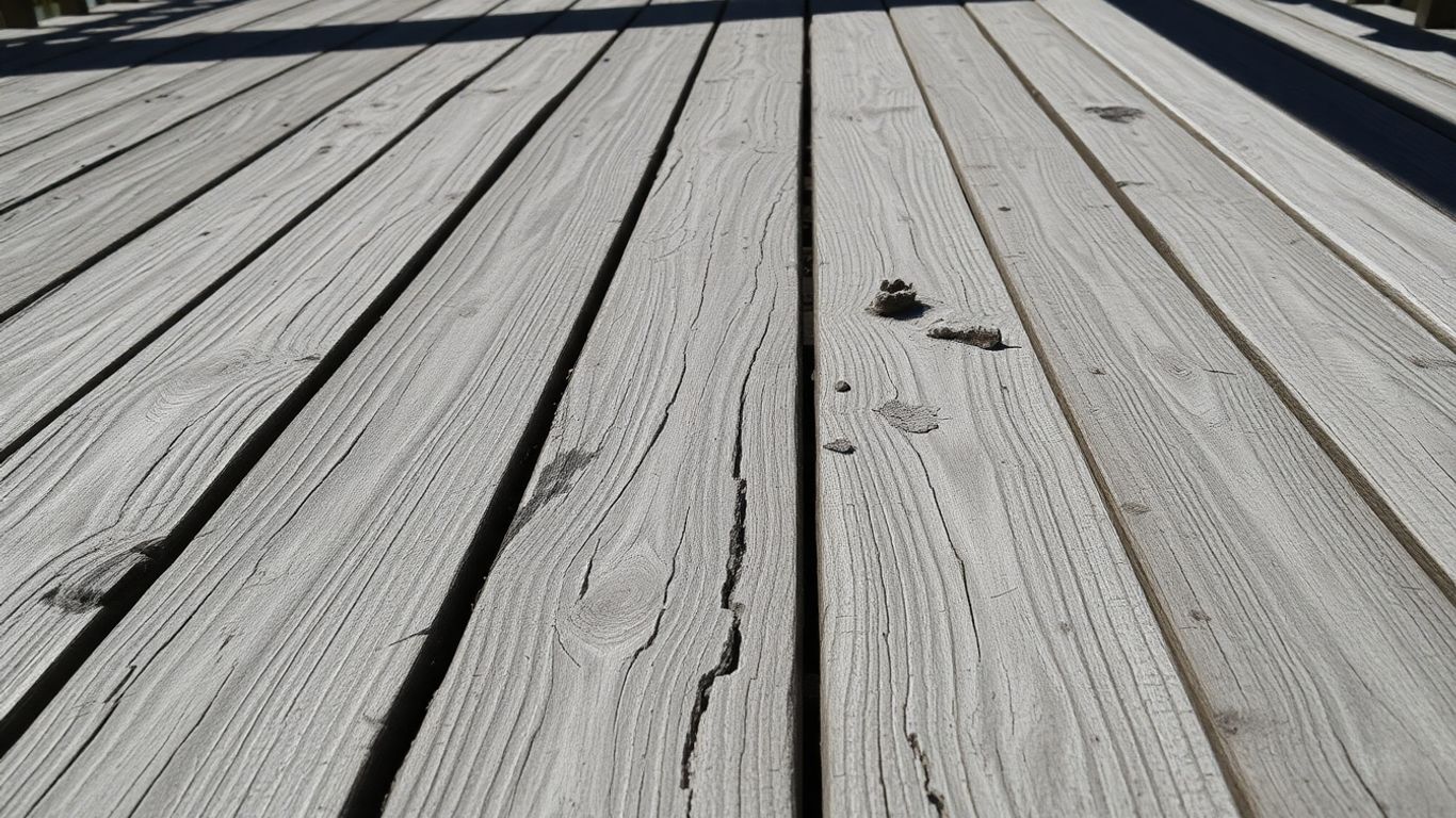 Damaged wooden deck exposed to sun and weather.