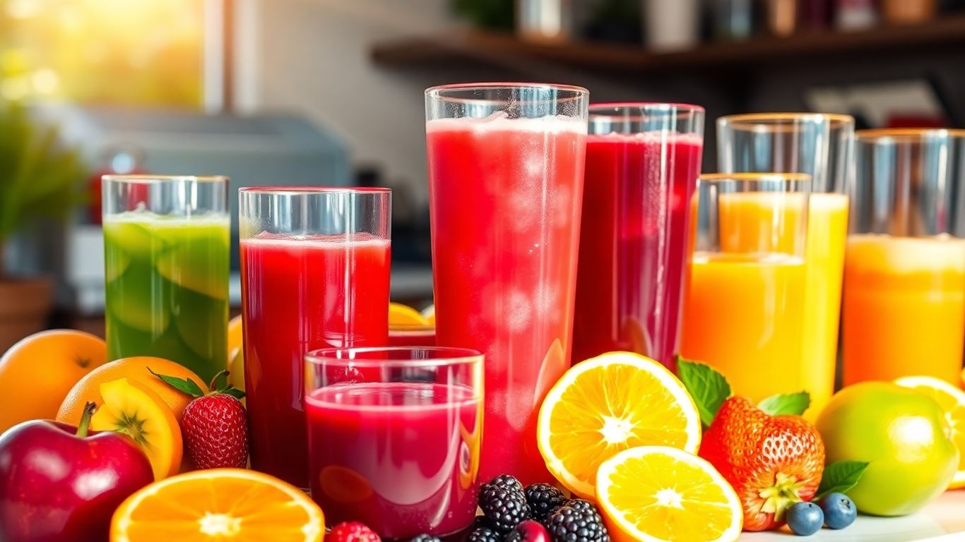 Colorful fresh juices with fruits on a sunny counter.