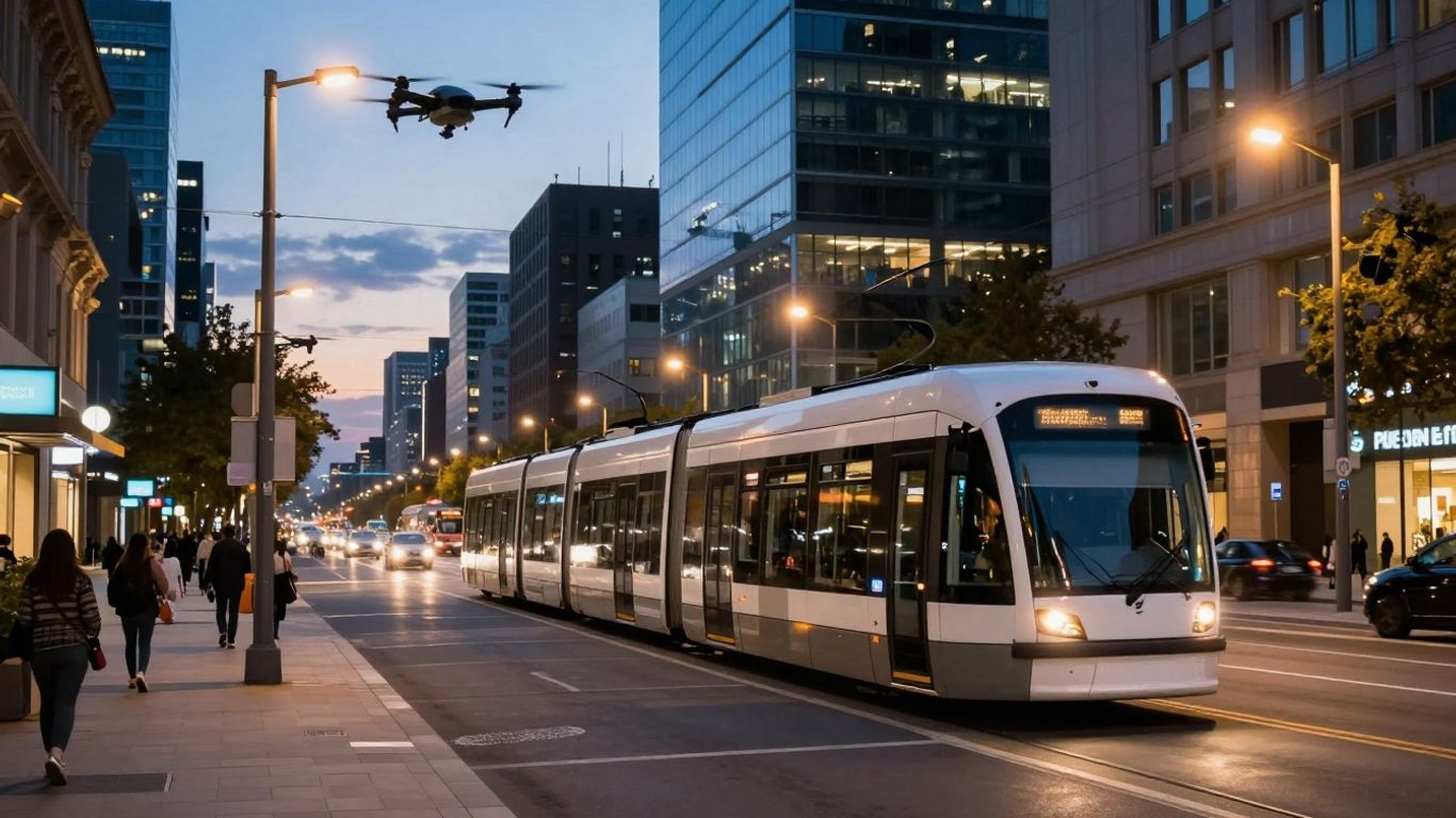 Oraș inteligent cu transport modern și tehnologie avansată.