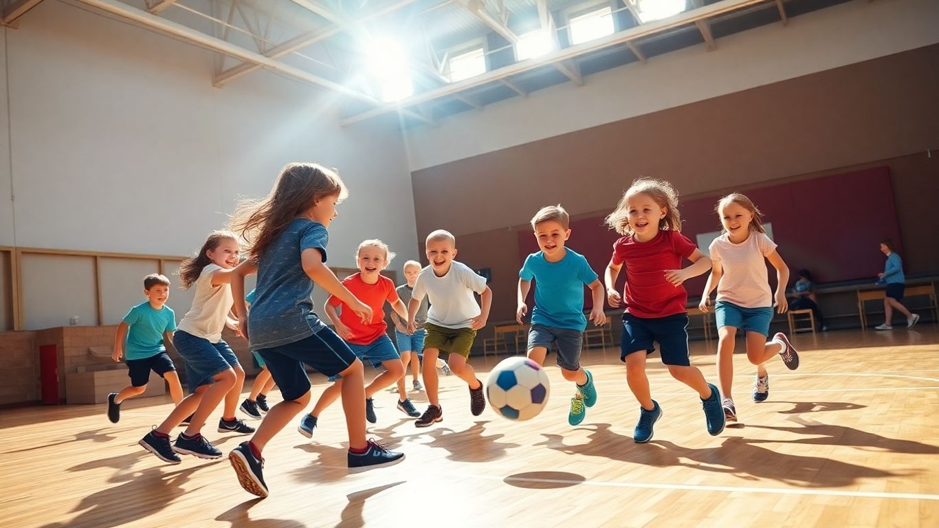 Kinder spielen begeistert im Sportunterricht mit einem Ball.