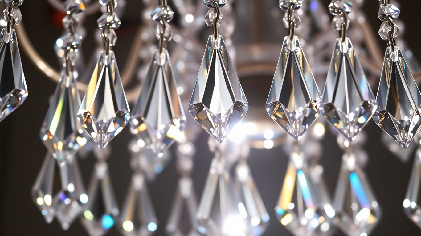 Sparkling crystal chandelier with faceted prisms and light refraction.