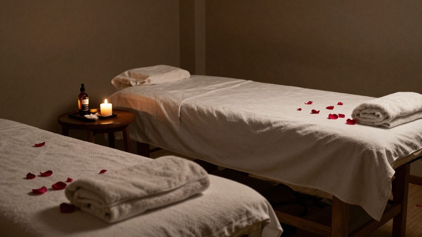 Couple's massage room with two tables and rose petals.