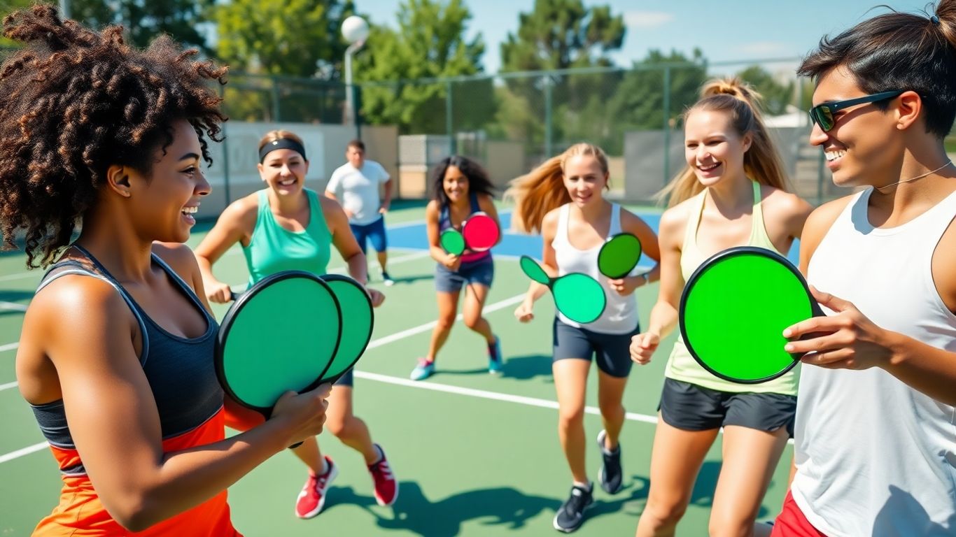 Diverse pickleball players in action on outdoor court
