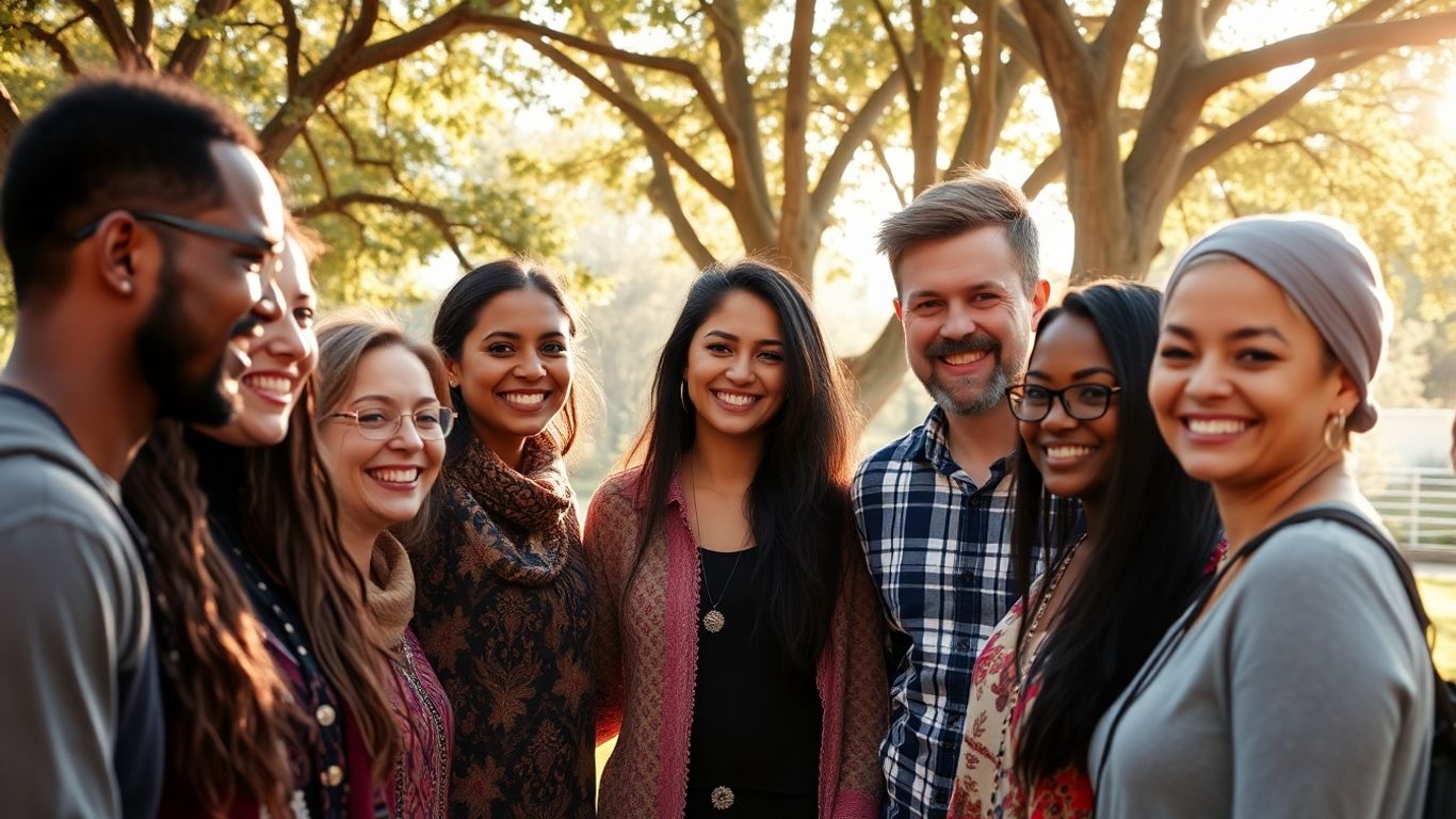 Diverse people smiling and connecting outdoors.