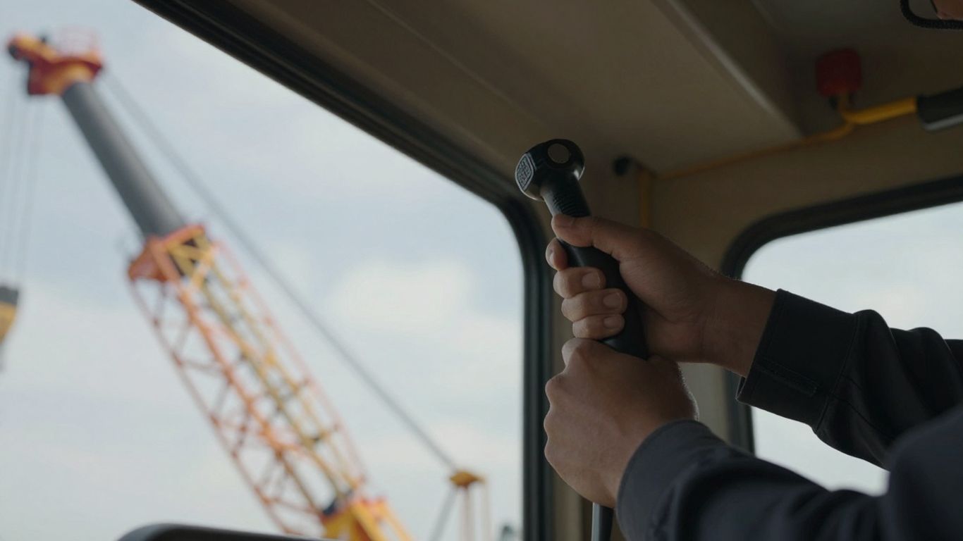 Crane operator's hands on controls, ready for operation.