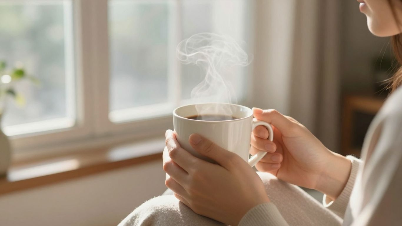 Zonsopgang met koffiemok en inspirerende ochtendgloed.