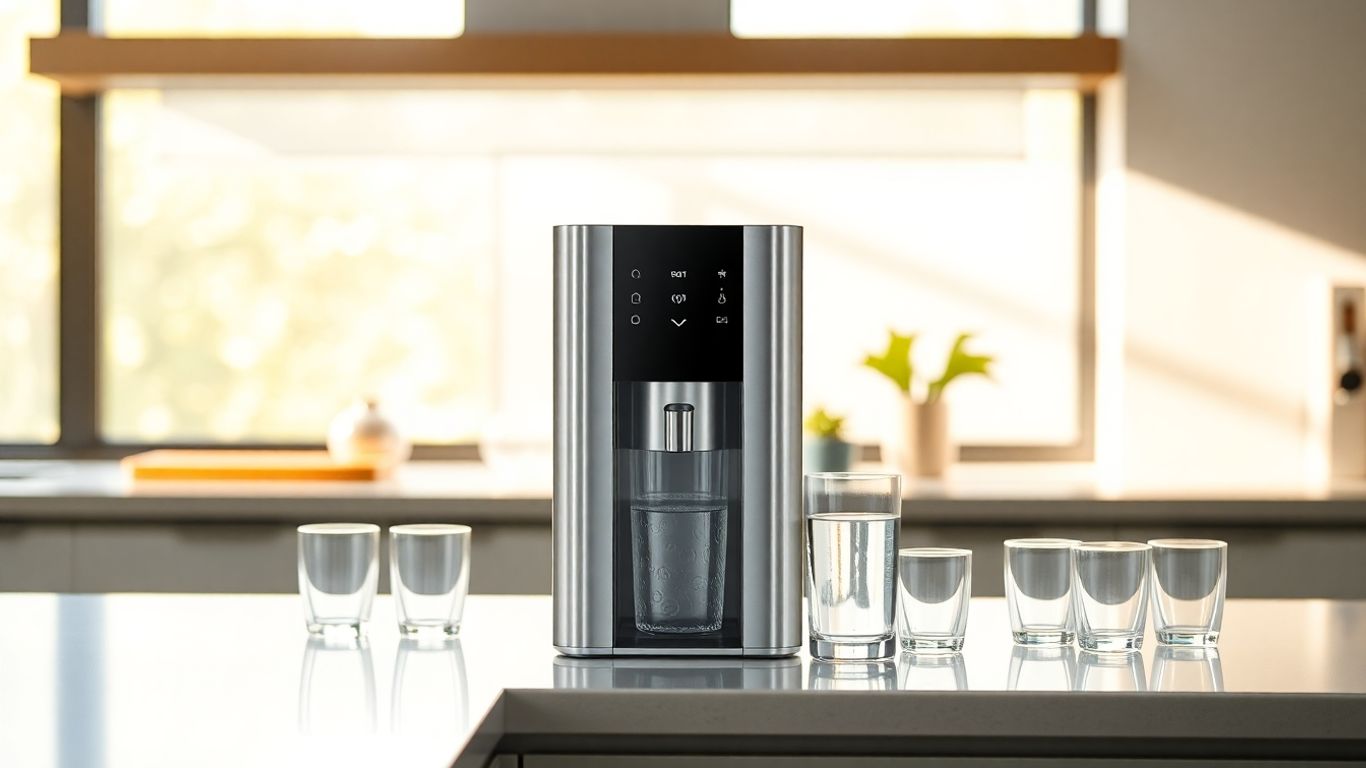 Purificador de água moderno em cozinha iluminada, enchendo copo