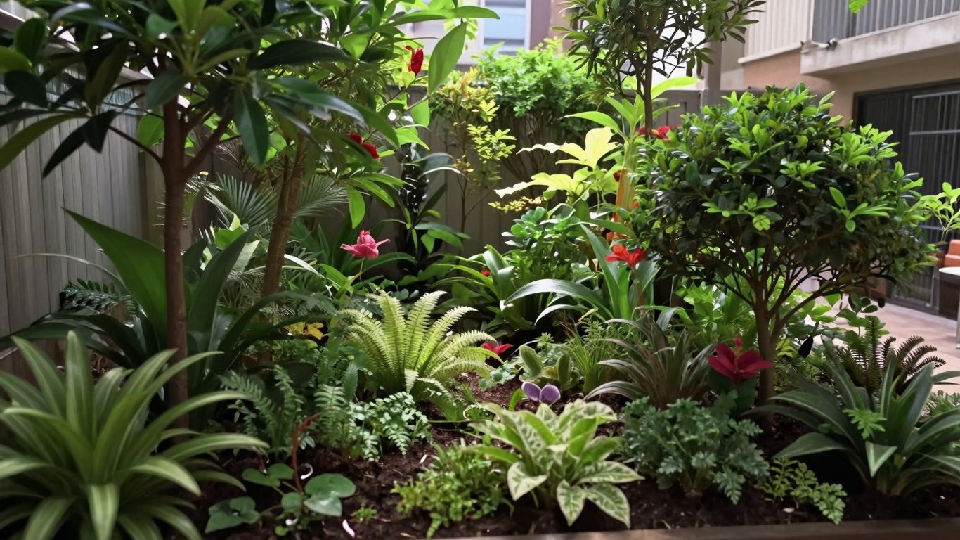 Mini-pădure urbană densă cu copaci mici și vegetație bogată.