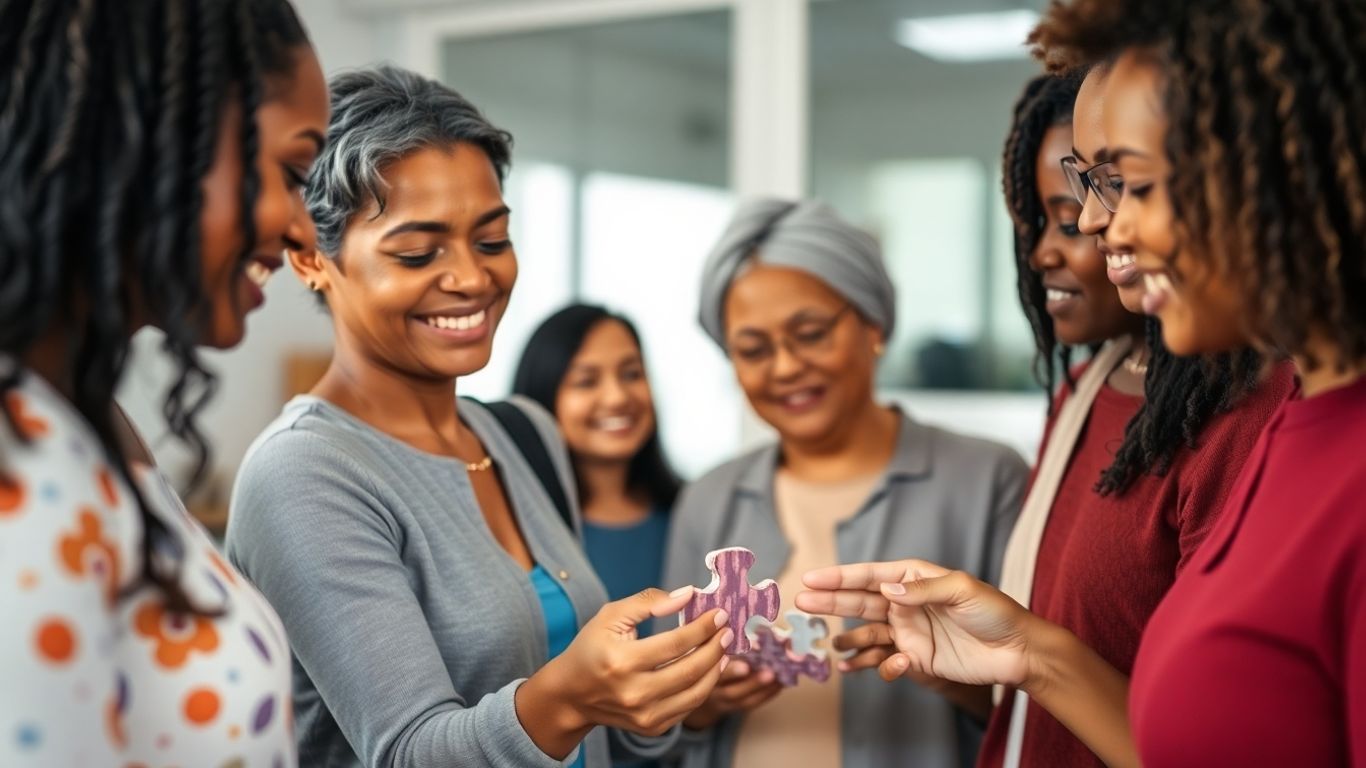 Diverse group interacting with understanding and support.