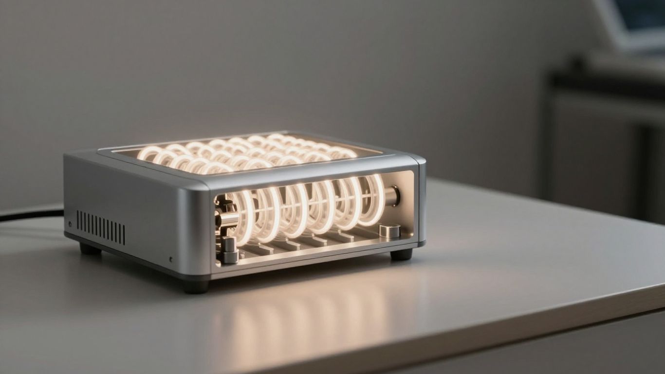 Modern PEMF machine with glowing coils.