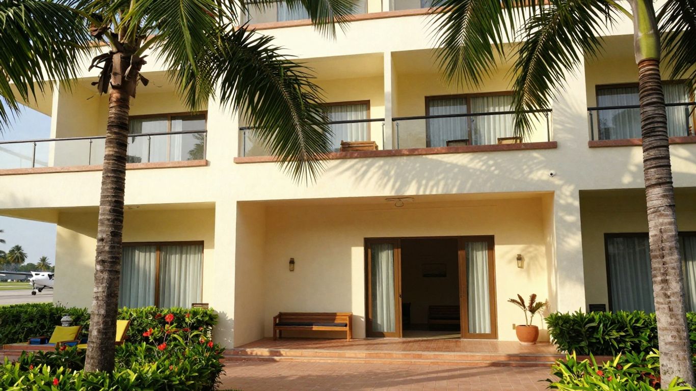 Hotel near Komodo Airport with palm trees and airplane.