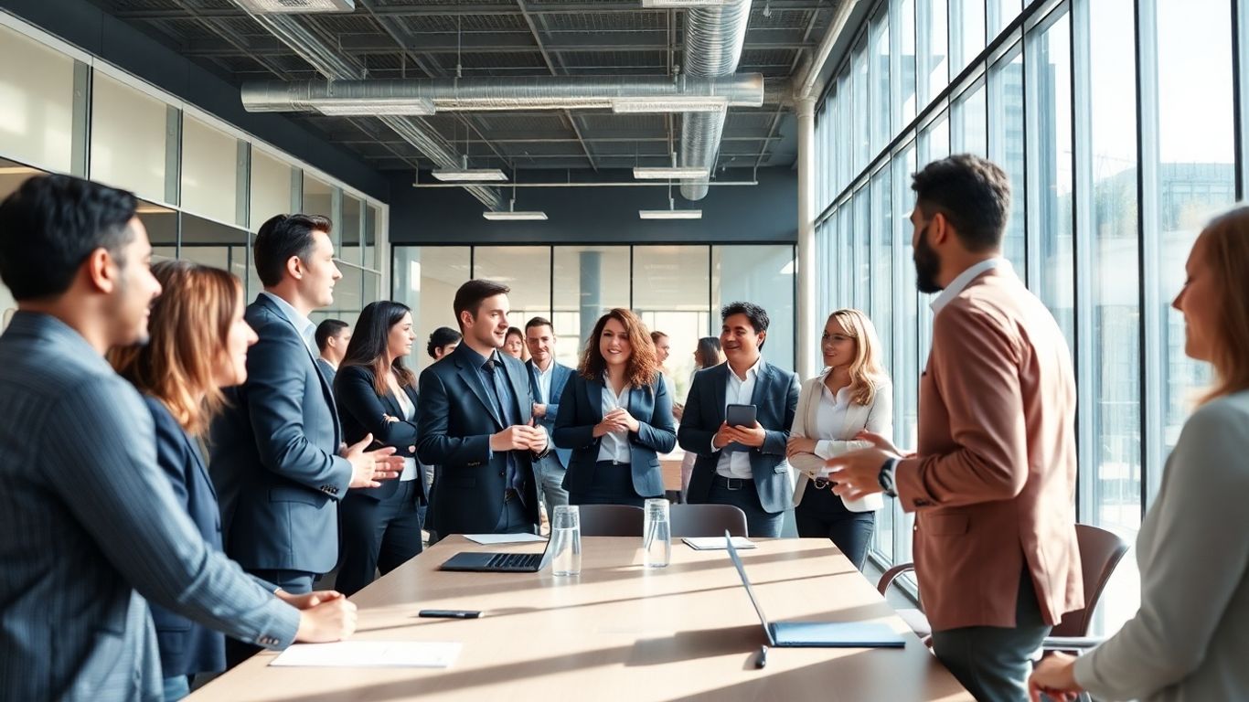 Professionnels d'affaires discutant dans une salle de réunion lumineuse.