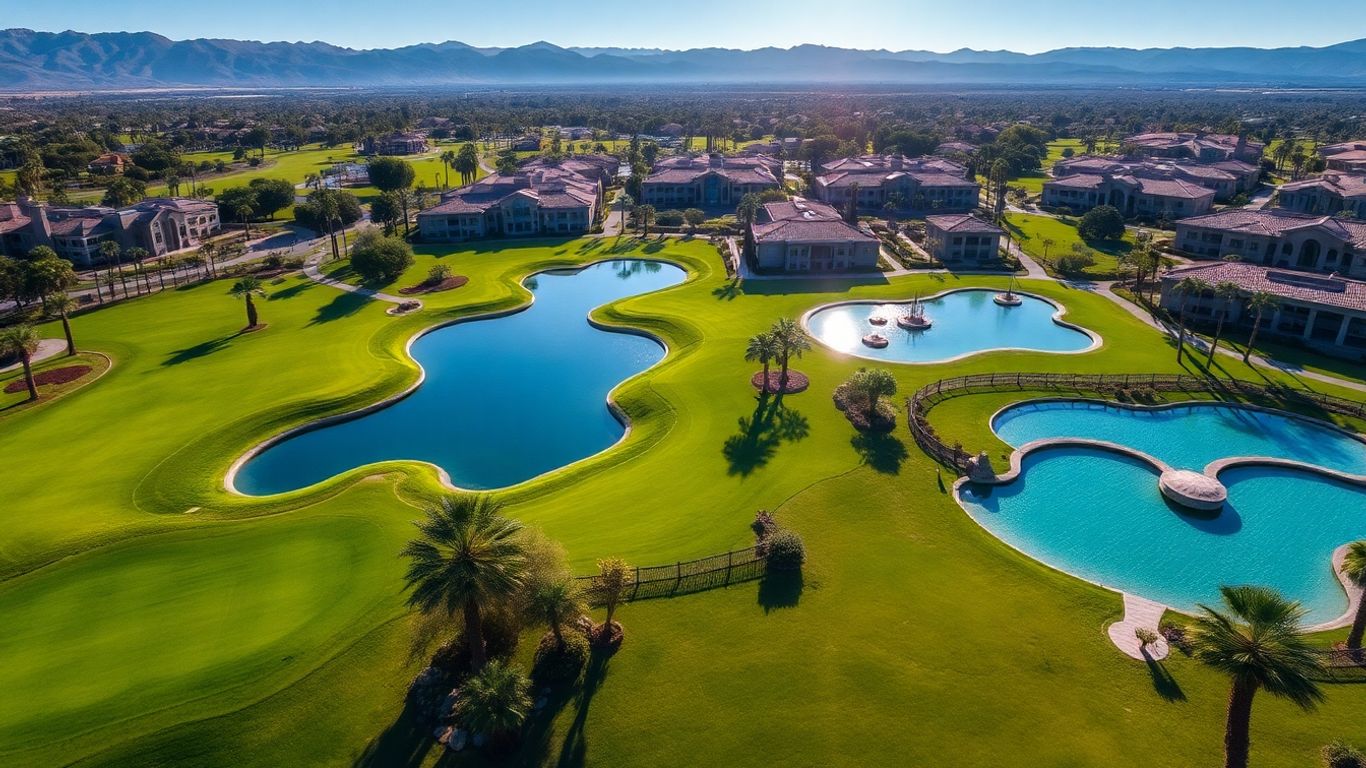 Lush fairways and elegant architecture of Rancho Mirage country clubs.