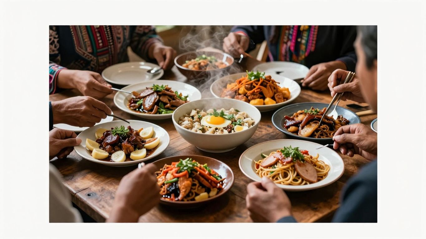 Mâncare tradițională și oameni împărtășind o masă.