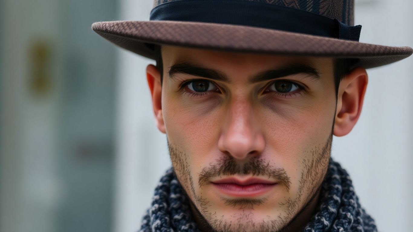 Man wearing stylish fedora and knit beanie.