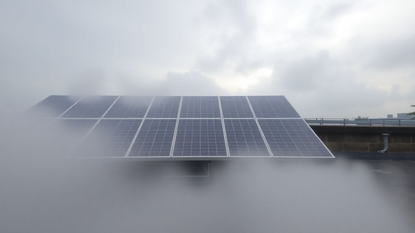 Panneaux solaires sous un ciel couvert, lumière douce filtrant.