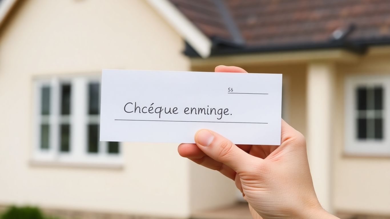 Main tenant un chèque énergie devant une maison.