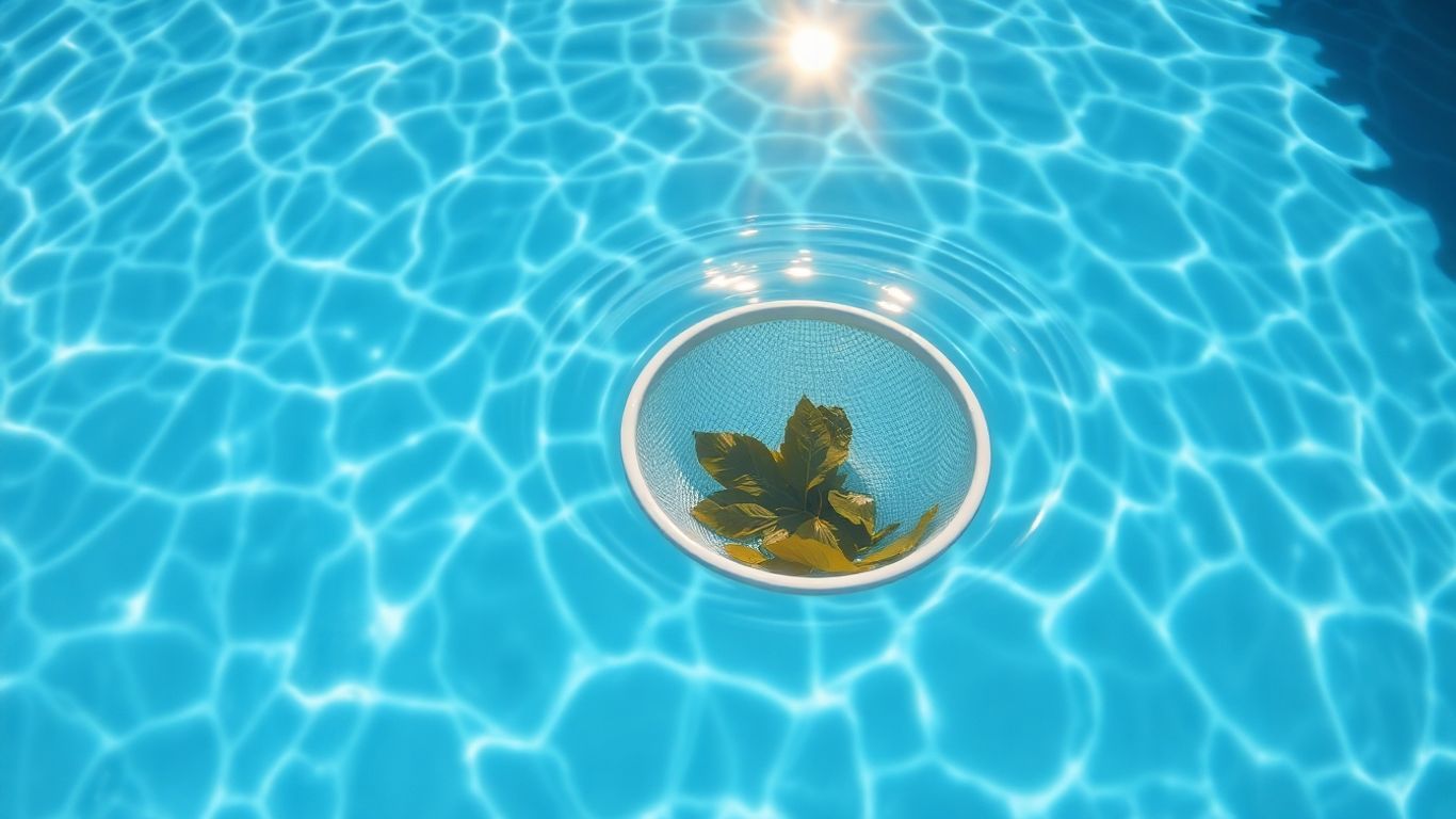 Pool skimmer basket collecting leaves in a clean swimming pool.