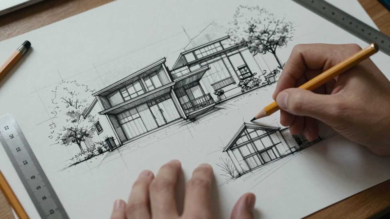 Architectural sketches and drawing tools on a table.