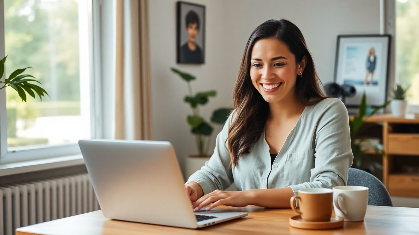 Australian woman working happily from home online