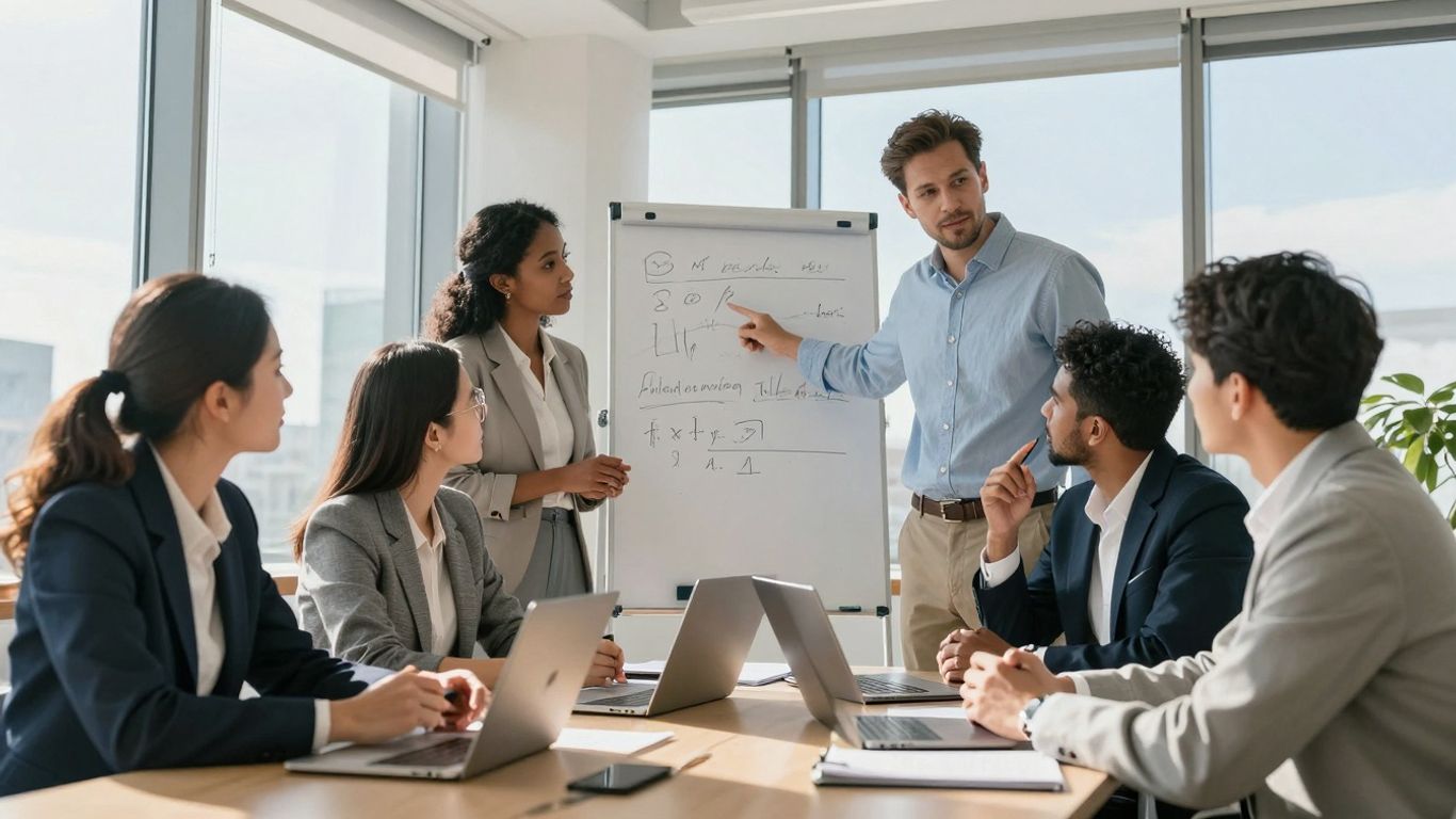 Business professionals collaborating in a modern office.