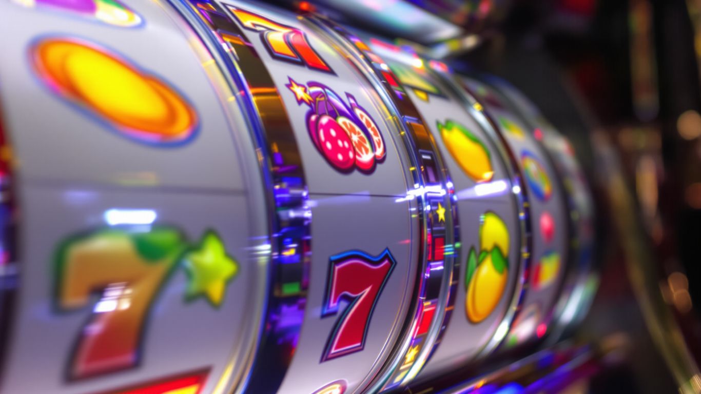 Máquina tragamonedas con frutas y símbolos brillantes.