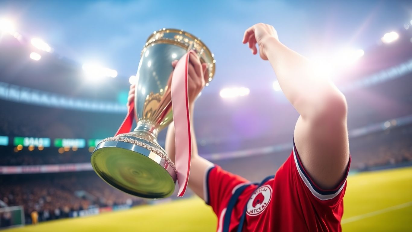 นักฟุตบอลฉลองชัยชนะพร้อมถ้วยรางวัล