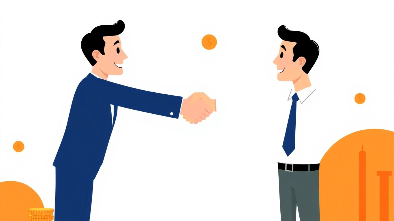 Cartoon handshake with coins and building.