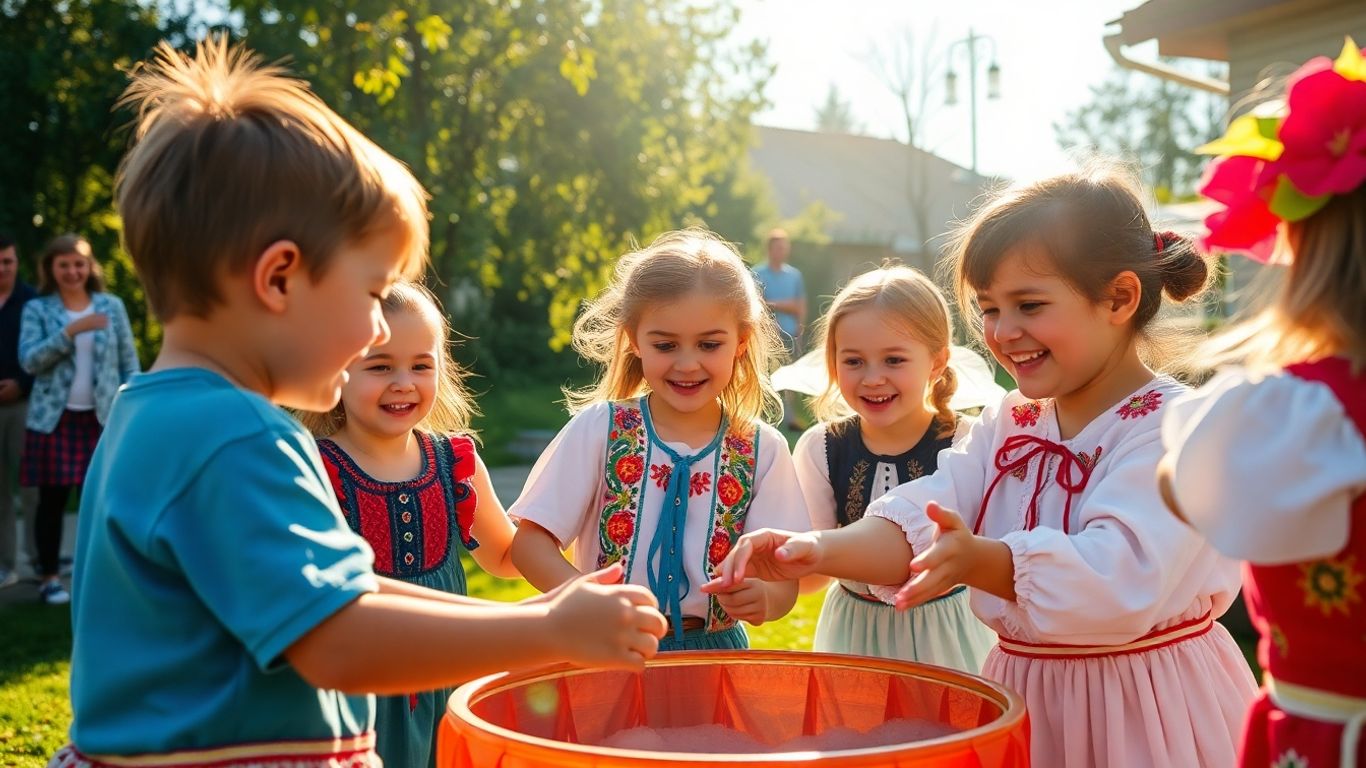 Copii jucând jocuri tradiționale românești în aer liber.