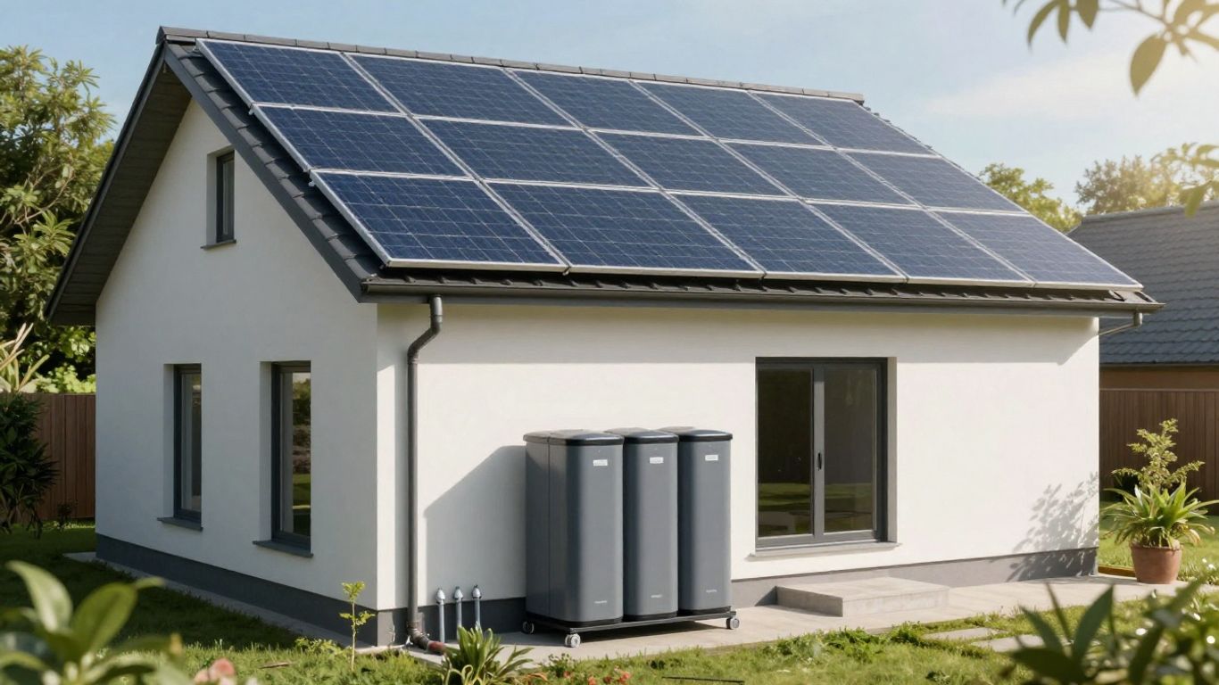 Maison autonome avec panneaux solaires et stockage d'énergie.