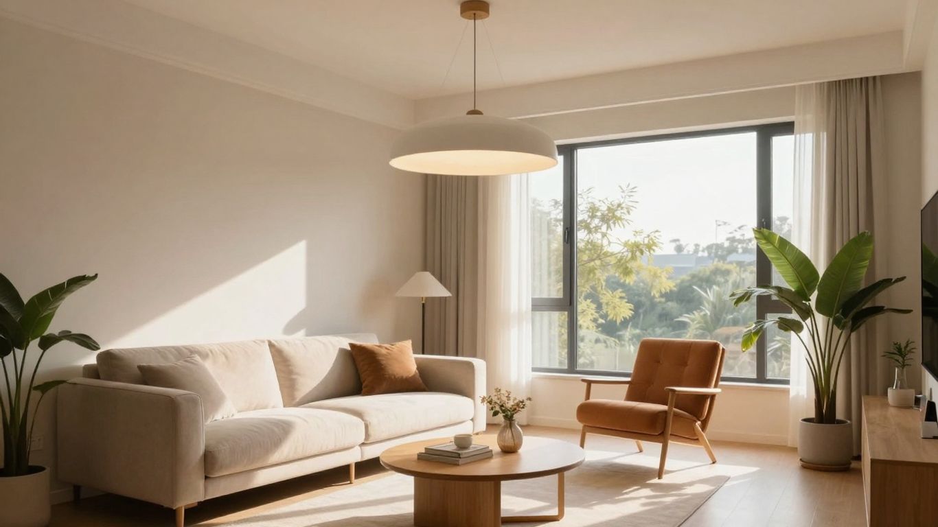 Stylish living room with modern pendant light and natural light.