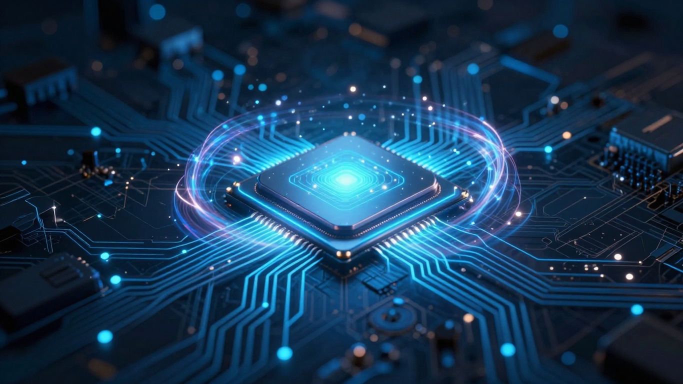 Quantum computing circuit with glowing pathways and light particles.