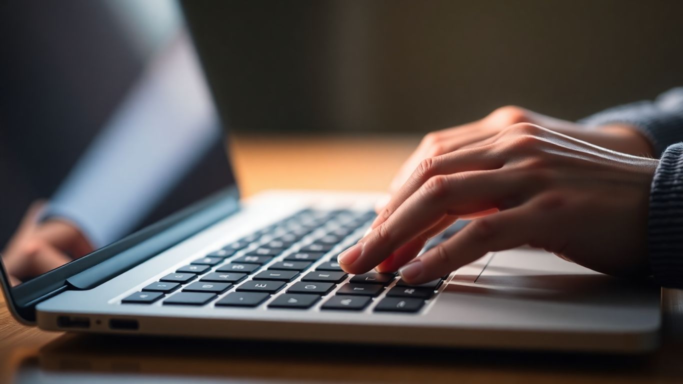 Person typing on a laptop keyboard, communicating with AI.