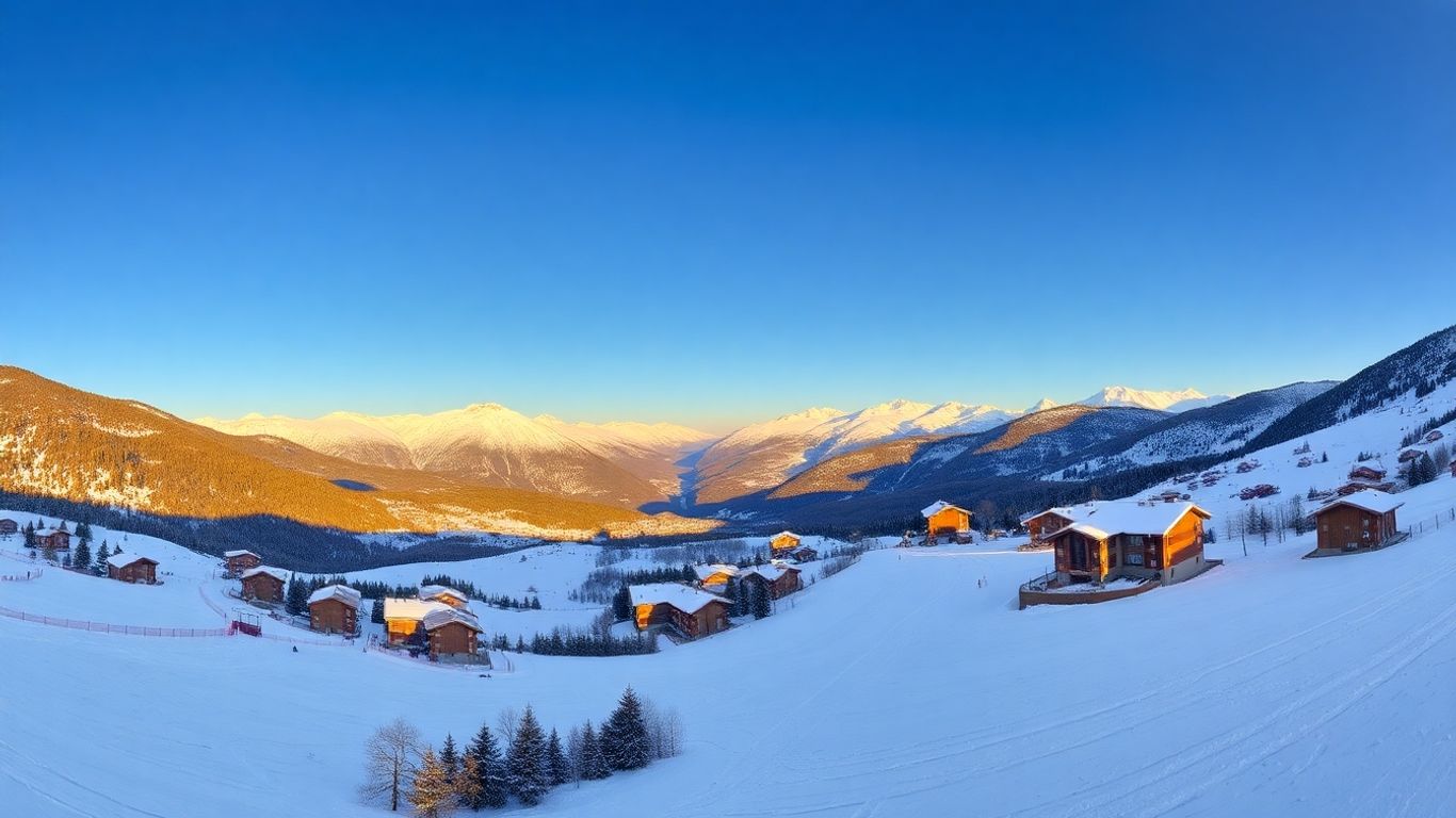Piste innevate di Alpe d'Huez con montagne e chalet.